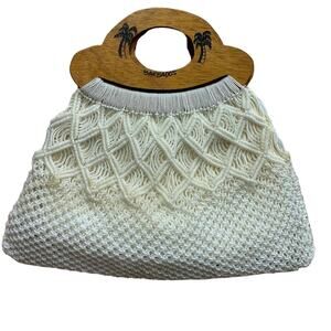 Plastic Fish Net Hand Woven Tropical Barbados Wooden Handle Purse Handbag